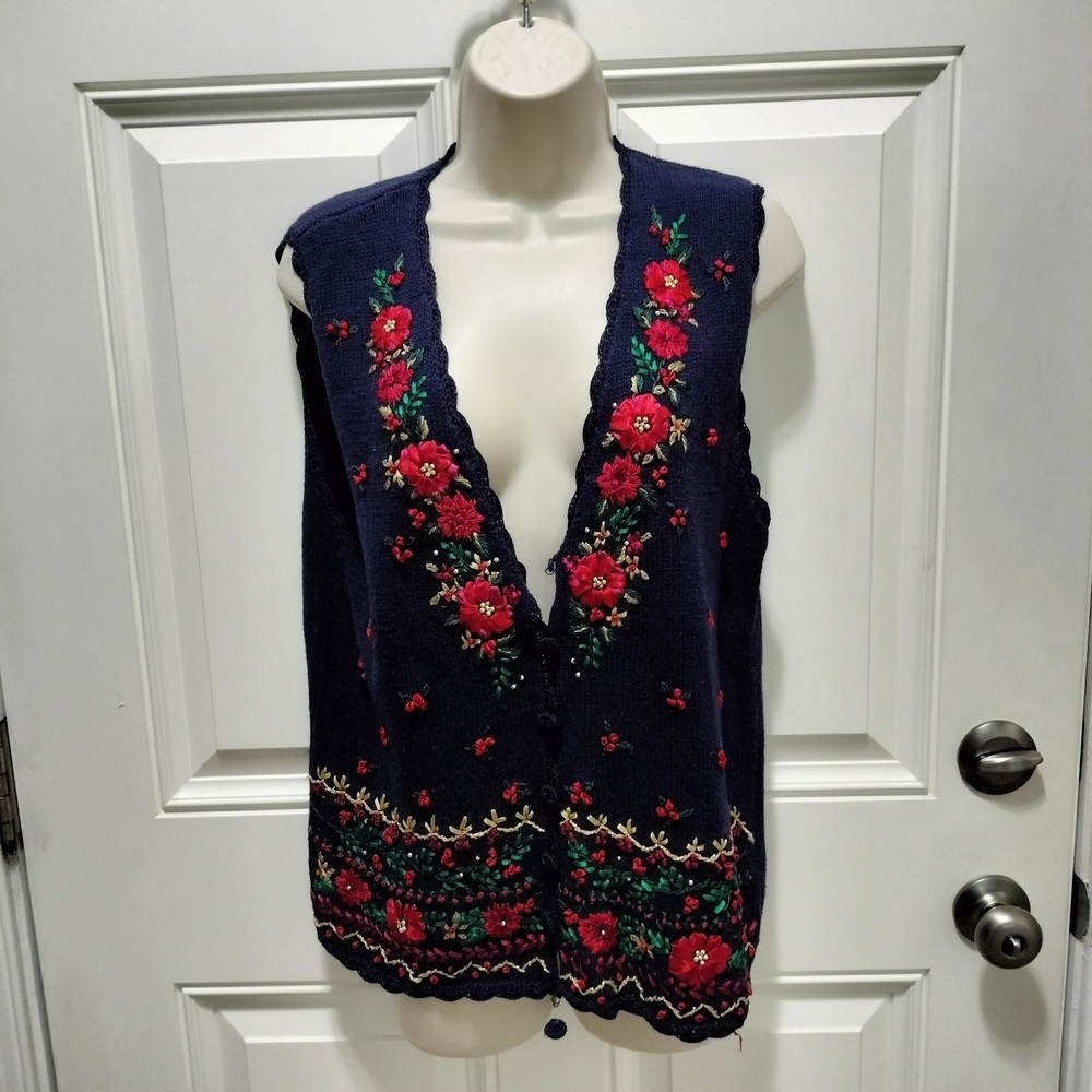 Vintage Alyssa Brooke Christmas Floral Embroidered VNeck Sweater Vest-Ships fast
